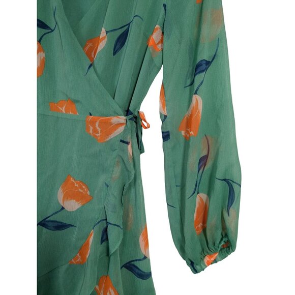 All In Favor Wrap Mini Dress Womens S Green Floral Long Sleeve Feminine Flirty - Picture 6 of 14